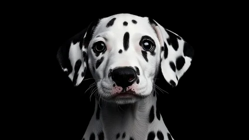 Spot-speckled Dalmatian puppy studies the silent camera