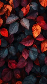 Layered red and dark-toned leaves in dense overhead pattern.
