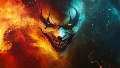 Sinister fire and ice clown portrait in split infernal void.
