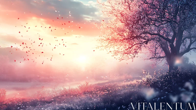 Blossoming tree glows in dreamy sunrise mist over meadow