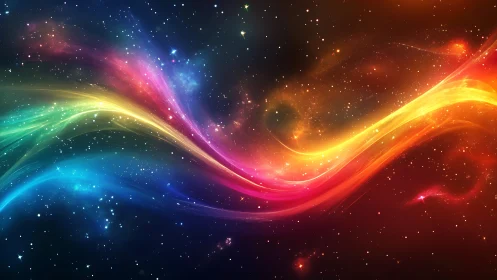 Cosmic rainbow light trails sweeping across starfield.