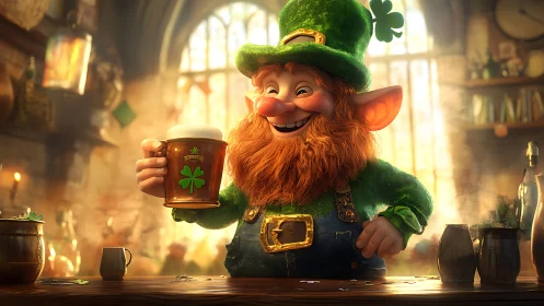 Cartoon leprechaun holding beer mug in pub interior scene.