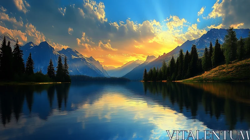 High dynamic range alpine lake sunset with mirrored reflections