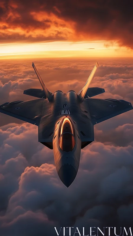 Stealth fighter jet over clouds under dramatic sunset sky.