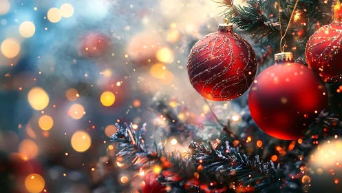 Red baubles on decorated Christmas tree with defocused lights.