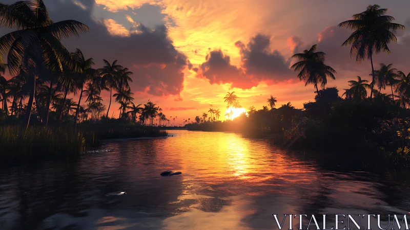 Tropical palms frame a radiant river sunset in vivid color.