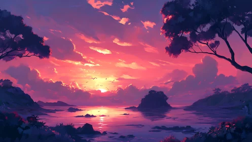 Chromatic coastal sunset with volumetric clouds and silhouettes.