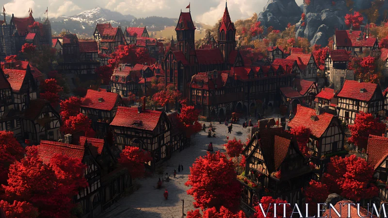 Crimson-roofed fantasy town glows softly in autumn light