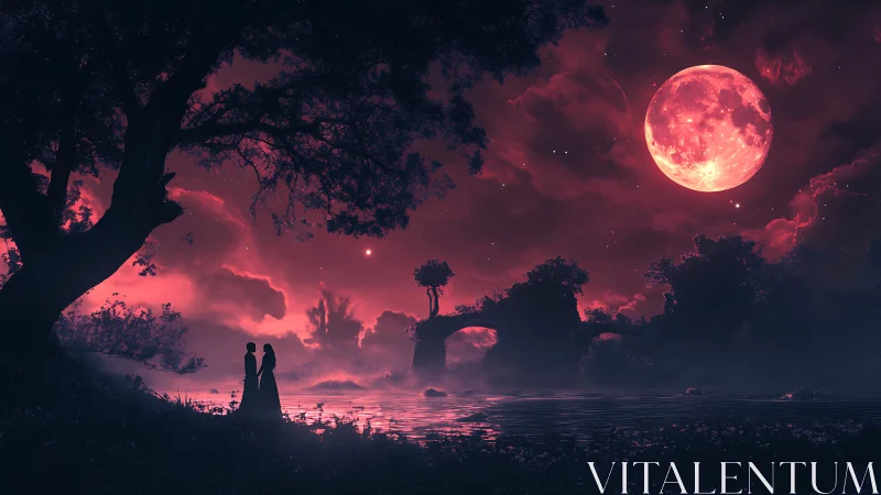 Couple by river under vivid red moonlit fantasy sky.