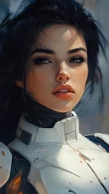 Female sci fi soldier portrait in white armored suit.