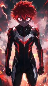 Masked anime hero stands in blazing red storm light