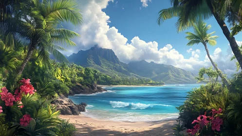 Tropical Paradise Beach with Mountain Backdrop.