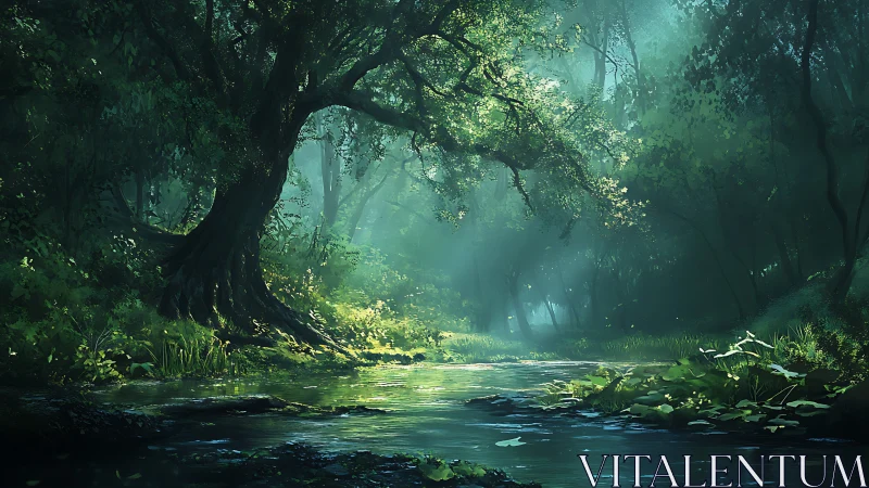 Luminescent Forest Stream Enveloped in Ethereal Mist and Golden Light