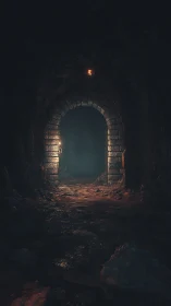 Low-key lit stone tunnel archway receding into volumetric fog