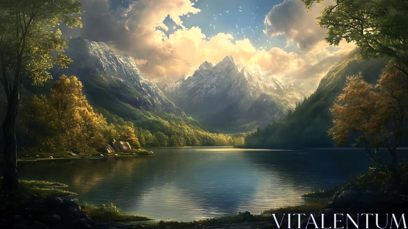 Sunlit mountain sanctuary mirrored on a spellbound lake.