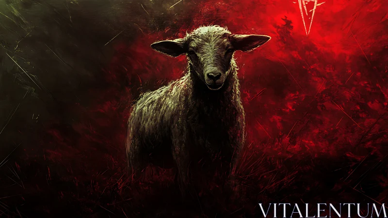 Ominous lamb stands in a blood-red storm of shadowed light.