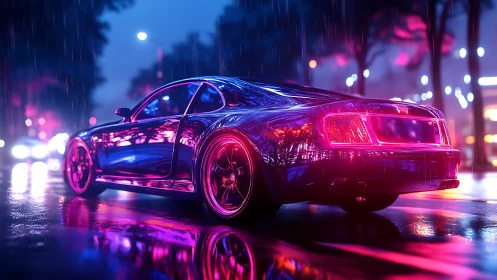 Neon sports coupe idles on rain-soaked cyberpunk boulevard