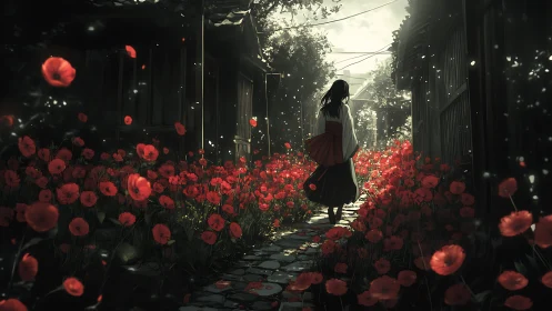 Girl in yukata walking through glowing red poppy alleyway.