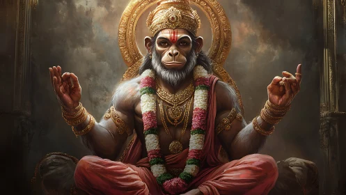 Digital Hanuman deity portrait with ornate jewelry and volumetric lighting