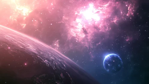 Glowing pink cosmos embracing two distant, dreaming worlds.