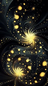 Golden fractal galaxies swirling through dark cosmic void.