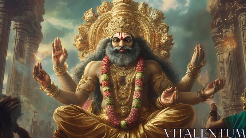 Majestic multi-armed deity seated before ornate temples.