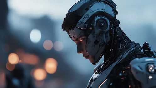 Cinematic profile of reflective humanoid combat cyborg.