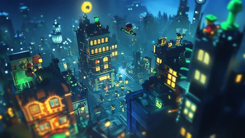Lego cityscape glows under neon night with dynamic figures