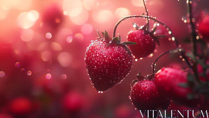 Dew‑covered strawberries glow against a luminous bokeh field