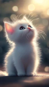 Luminous White Kitten Gazing Upward in Warm Bokeh Light.