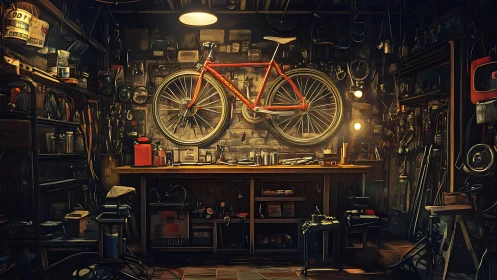 Vintage Bicycle Workshop Interior with Warm Halogen Illumination.