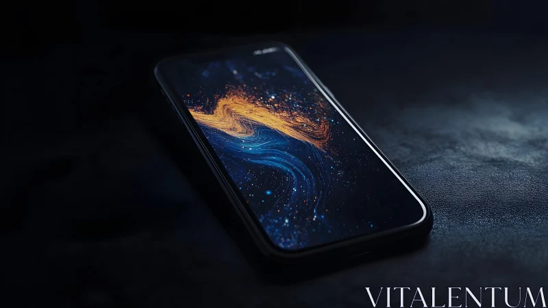Modern smartphone with cosmic abstract wallpaper, dark moody style.