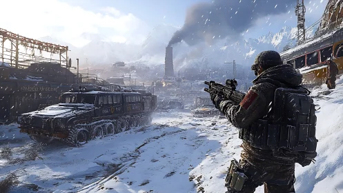 Soldier advances through snowy industrial warzone street