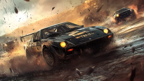 Rally race cars traversing wet off-road dirt track.