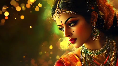 Digital portrait of ornate woman in traditional jewelry.