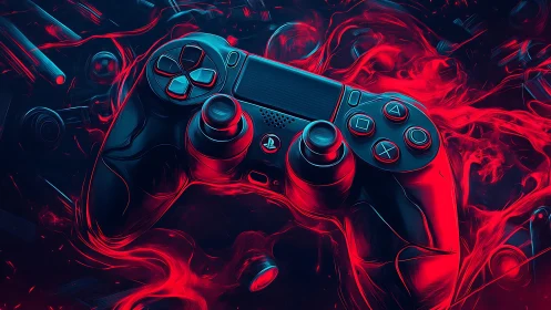 Neon-lit game controller hovers in swirling red vapor field