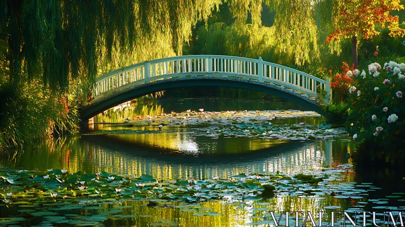 Sunlit garden bridge arches over lily pond in soft reflection