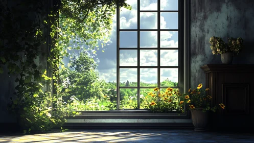 Sunlit cottage window frames lush green summer landscape.
