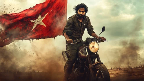 Motorcyclist in dusty landscape with large red flag backdrop.