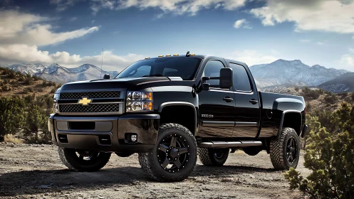 Black lifted pickup truck on rugged mountain trail landscape.