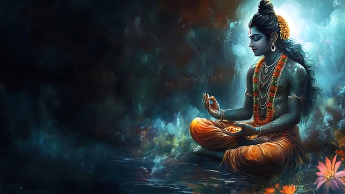 Seated blue-skinned figure meditates in illuminated water space