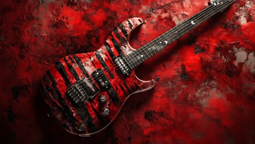 Electric guitar with distressed red tiger finish on textured wall