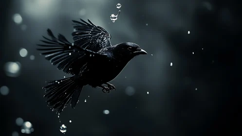 Black Bird in Flight Through Water Droplets.