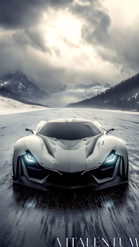 Aerodynamic hypercar on wet alpine roadway under stormfront.