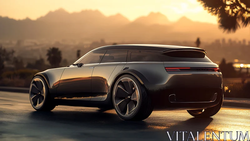 Futuristic electric wagon concept under golden sunset light.