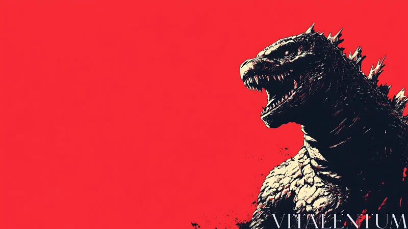 Roaring kaiju silhouette against stark red minimal backdrop.
