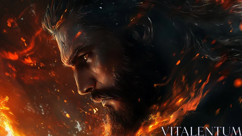 Fire-forged warrior&rsquo;s face emerges in swirling embers.