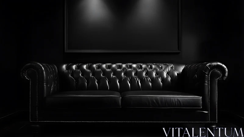 Black leather Chesterfield sofa in dramatic low key lighting.