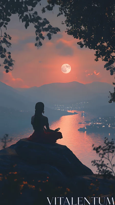 Silhouetted woman meditates over moonlit lake at dusk.