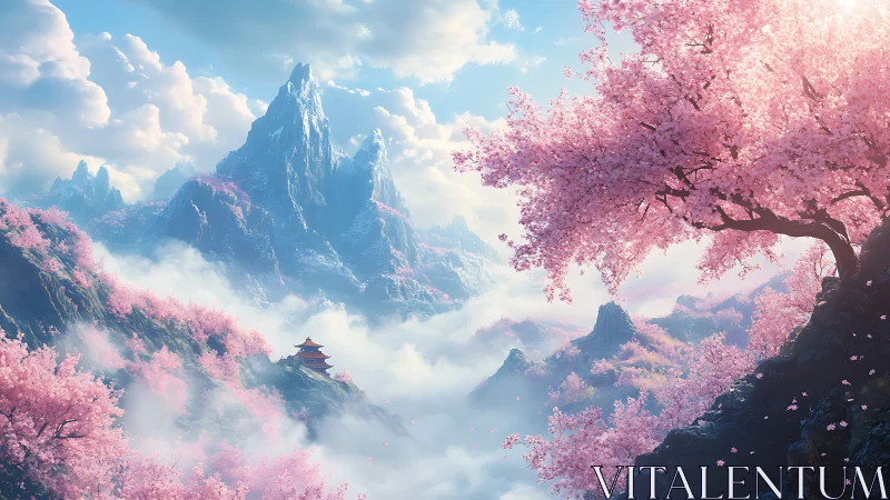 Cherry blossom mountainscape with mist and distant pagoda